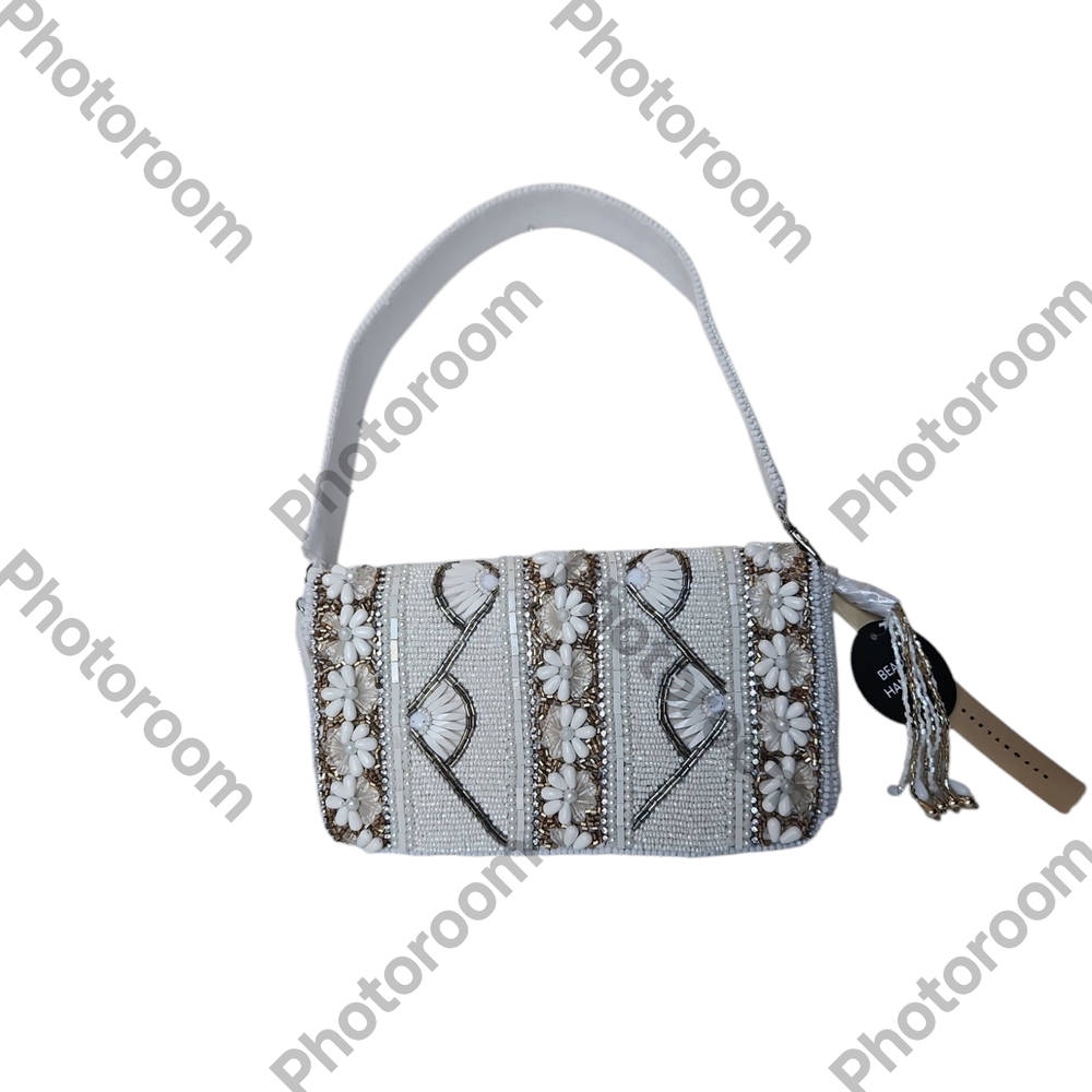 Studio 12 Woman Tropical Floral Rear Embellis  White Beaded Handbag Shoulder Bag